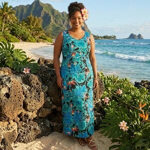 Hilo Hattie Long Maxi Sleeveless Hawaiian Dress Blue Floral Plus 22 Leaf Cotton